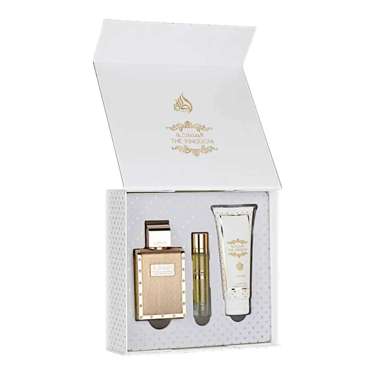Lattafa The Kingdom Men Eau de Parfum Set 3 teilig mit Travelspray und Duschgel