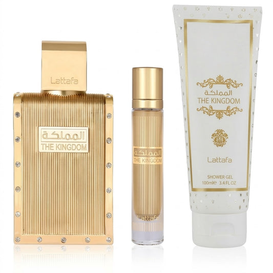 Lattafa The Kingdom Men Eau de Parfum Set 3 teilig mit Travelspray und Duschgel